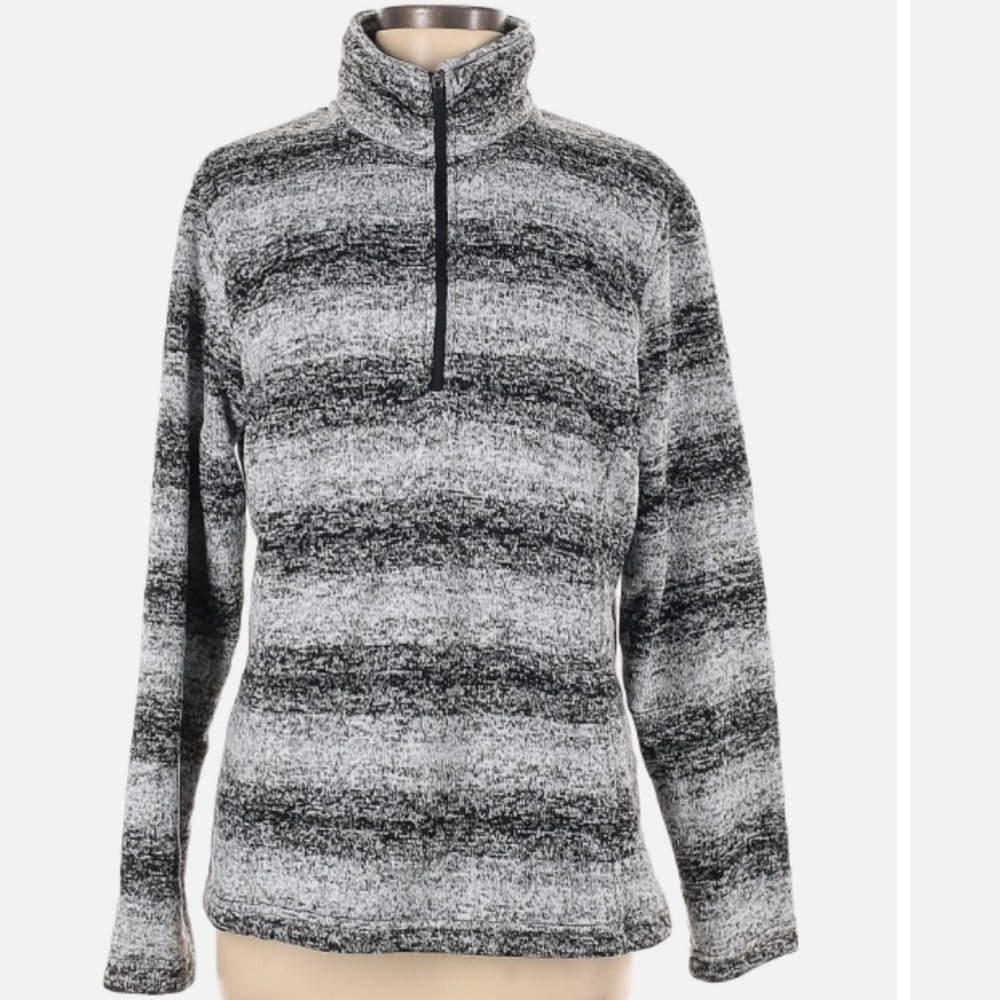 Lands' End quarter zip women's Large fleece, black/gray stripe